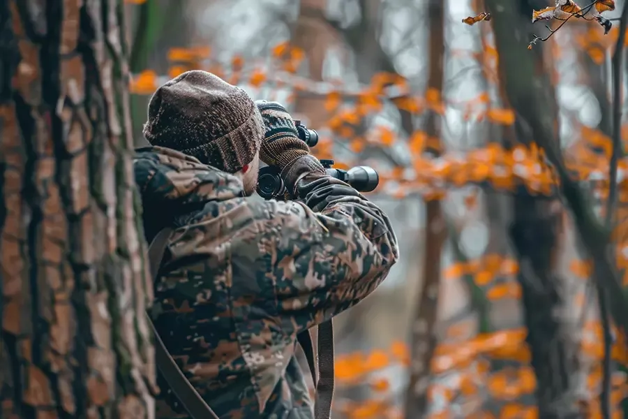 A hunter is in the woods dressed in camouflage looking through a scope.